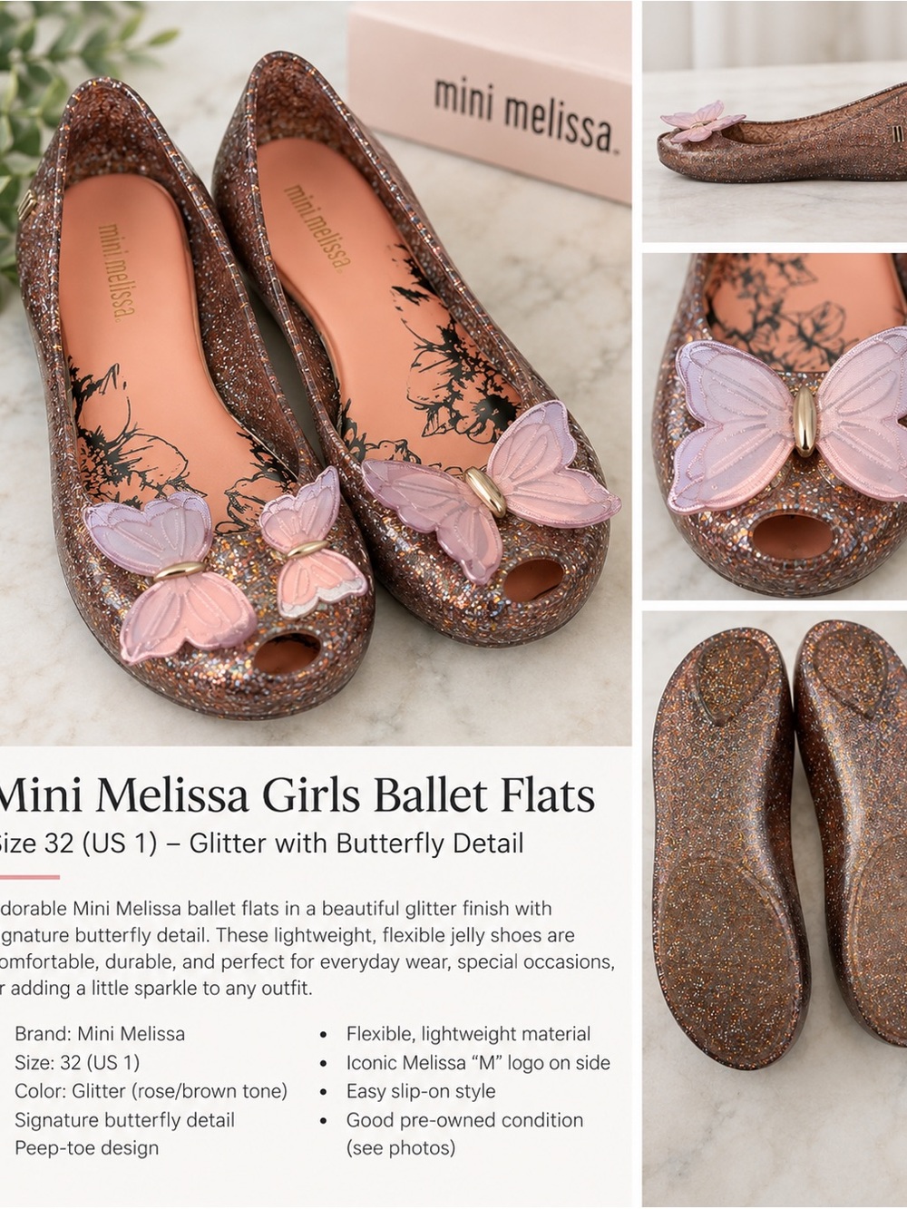 Mini Melissa Glitter Butterfly Jelly Flats – Girls Size 32 / US 
 - Rose/Brown
